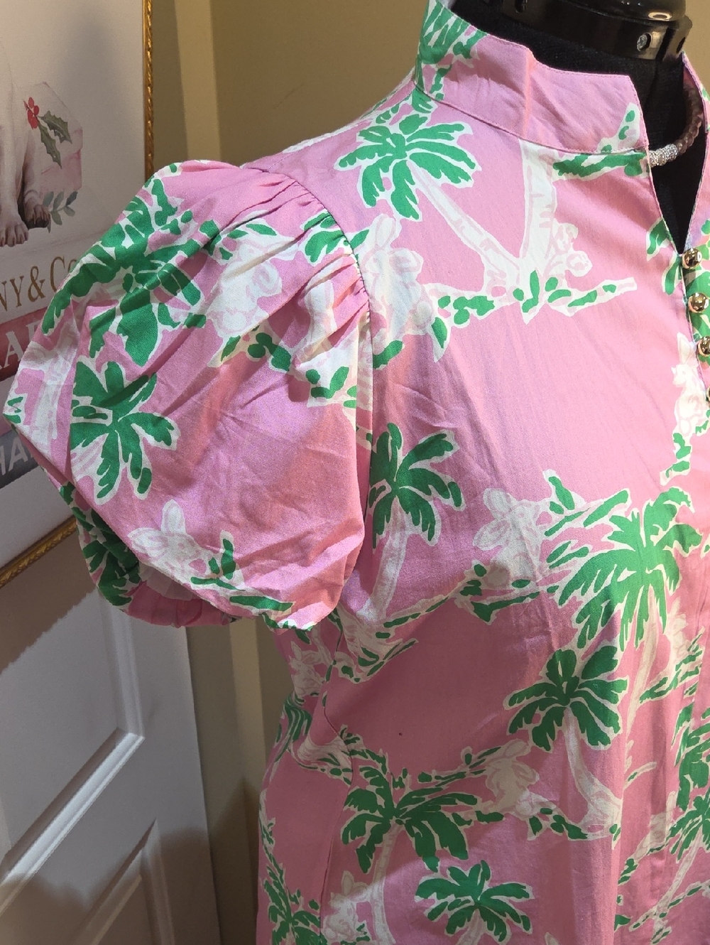 Nwt XXL STS SAIL TO SABLE Pink Palm-Print Maxi Dress with Mandarin Collar - Picture 10 of 17